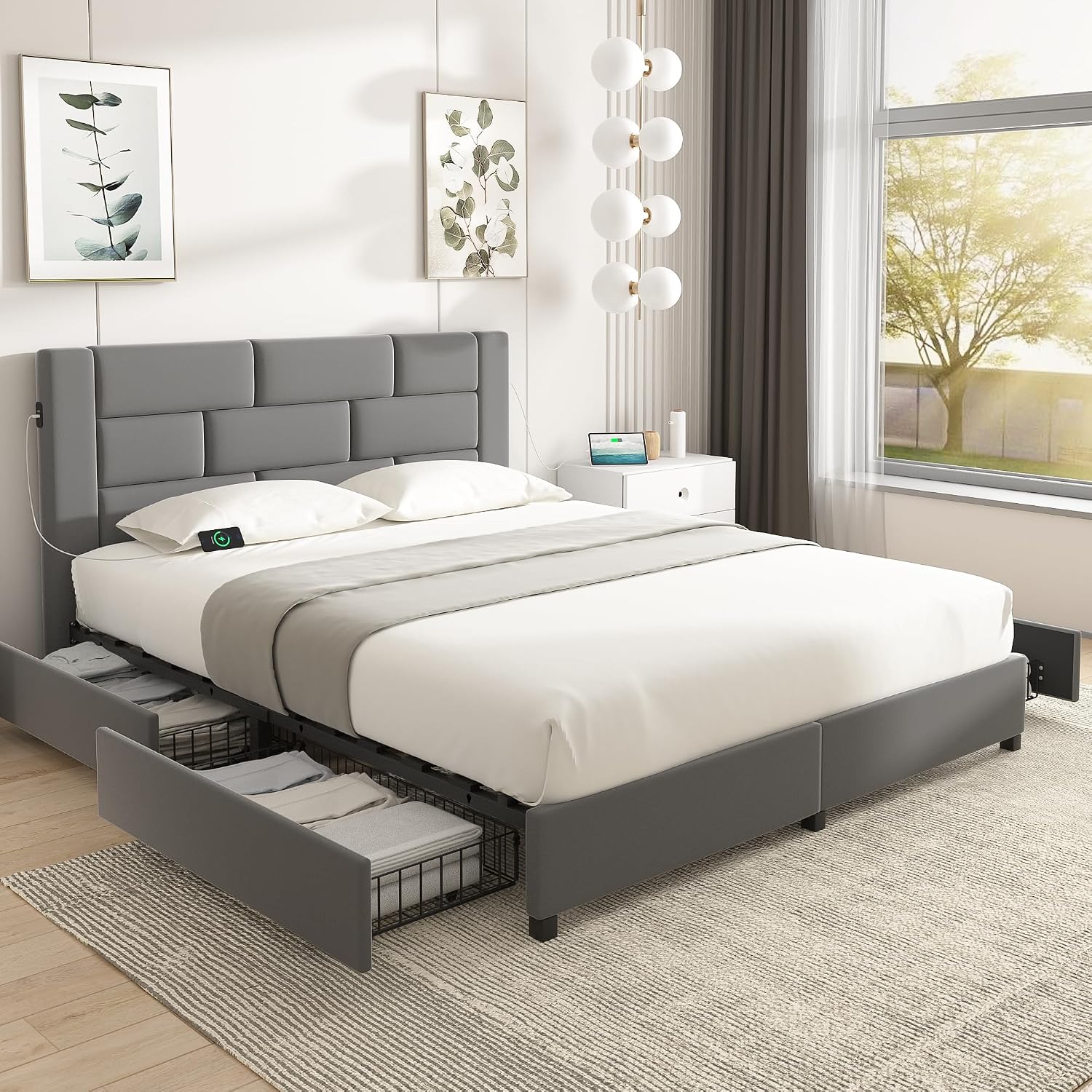 VECELO Full Bed Frame with 4 Storage Drawers, Upholstered Platform Beds with Velvet Headboard and Charging Station-Ports for USB and Type-C, Noise-Free, No Box Spring Needed, Easy Assembly, Dark Grey