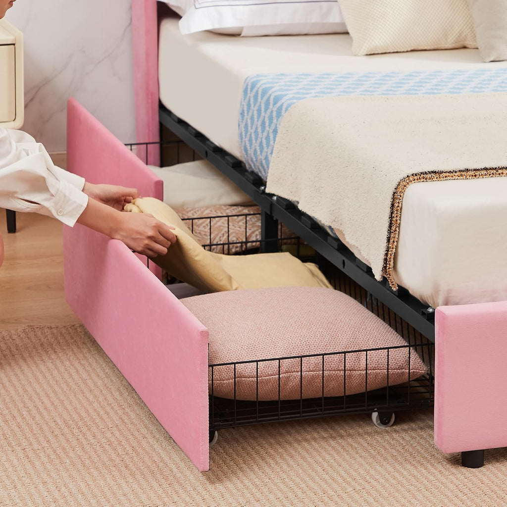 VECELO Upholstered Platform Full Bed Frame with 4 Storage Drawers & Wave Fabric Headboard,Wooden Slats Support/No Box Spring Needed/Mattress Foundation,Pink
