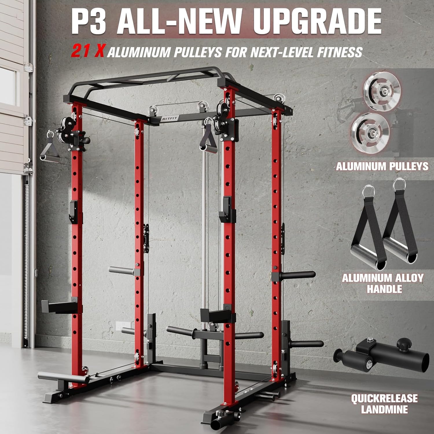 RitFit Multi-Function Garage & Home Gym Package Includes 1200LBS Power Cage PPC03/P3 with Cable Crossover System, Weight Bench, Olympic Barbell Weight Set, Full Body Workout