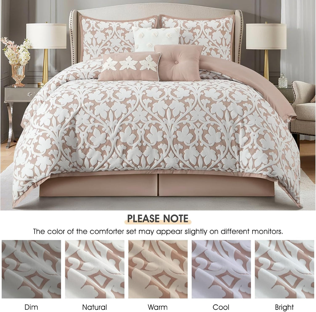LANCO MODERN LIFESTYLE 7 Pieces Comforter Set, California King, Blush, Jacquard Floral Pattern and Classy Damask Medallion Design, Ultra Soft, Includes Bed Skirt, Shams and Decorative Pillows