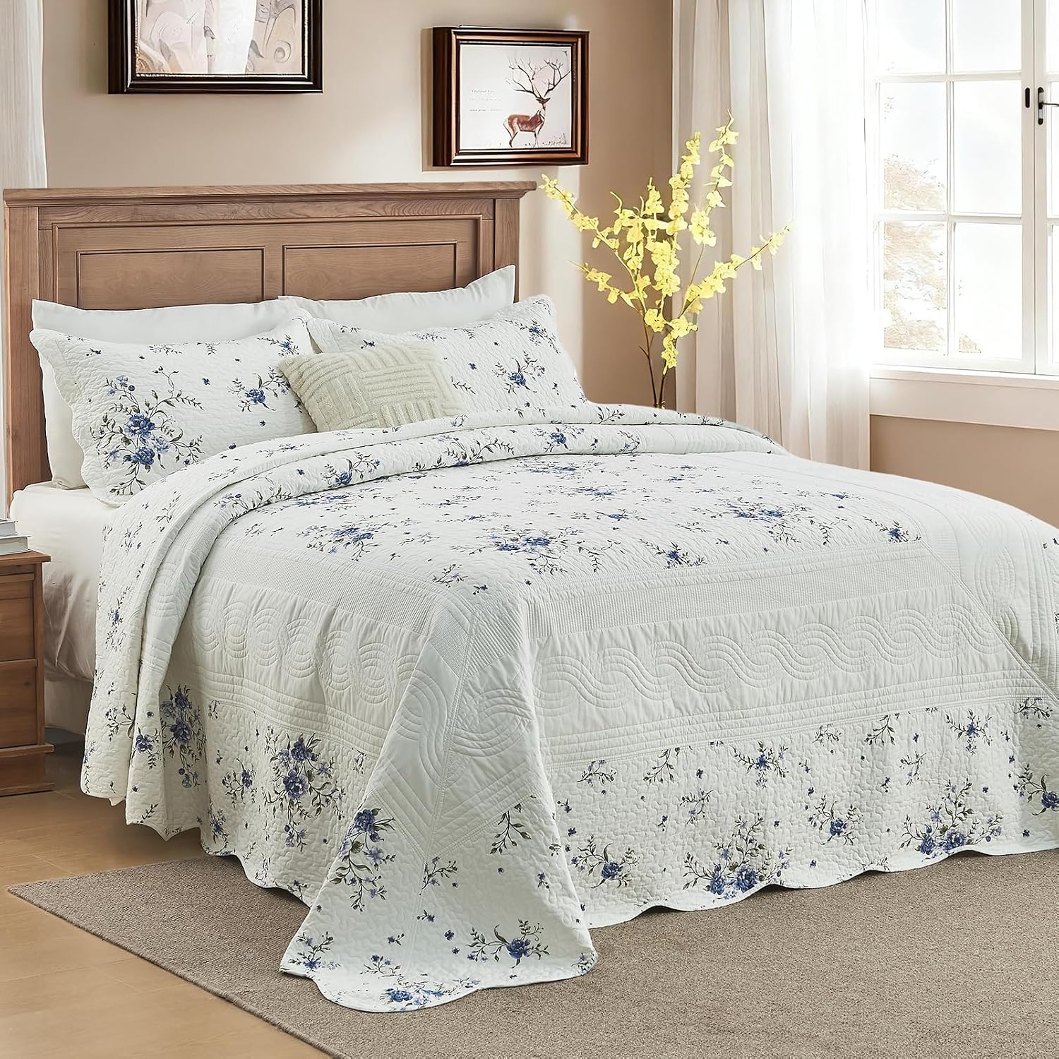 Floral Bedspreads King Size Extra Wide, 128x120 Oversized Quilt Bedspread Coverlet, 100% Cotton Blue and White Bedding Set with Shams, Lightweight Soft Quilted Thin Comforter, 3 Piece