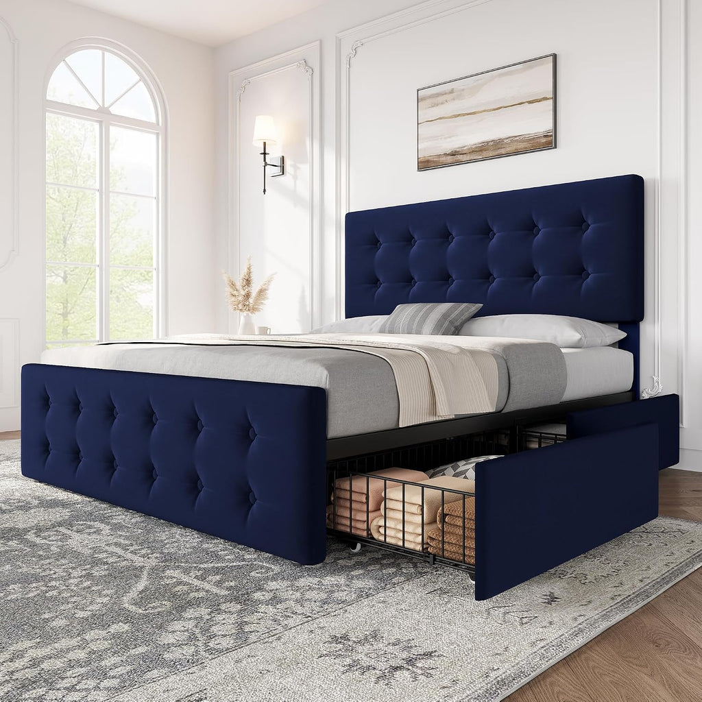 GAOMON Full Size Bed Frame with 4 Drawers and Adjustable Headboard, Velvet Upholstered Platform Bed with Button Tufted Design, No Box Spring Needed, Strong Wooden Slats, Blue