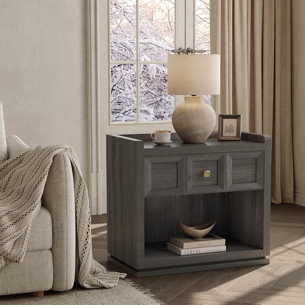 SICOTAS Night Stand Set 2, 26' Wide Nightstands with Drawer, Large Queen Size Nightstands Set of 2, Modern Bedside Table for Bedroom, Side End Table (Dark Grey Oak, 26-Inch)