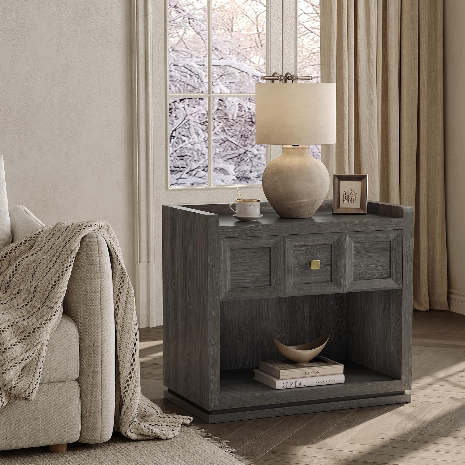 SICOTAS Night Stand Set 2, 26' Wide Nightstands with Drawer, Large Queen Size Nightstands Set of 2, Modern Bedside Table for Bedroom, Side End Table (Dark Grey Oak, 26-Inch)