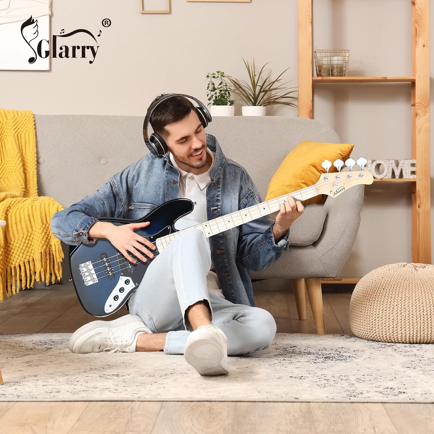 GLARRY Bass Guitar Full Size 4 String Exquisite Stylish Bass with Guitar Bag Power Line and Wrench Tool (Dark Blue, With AMP)