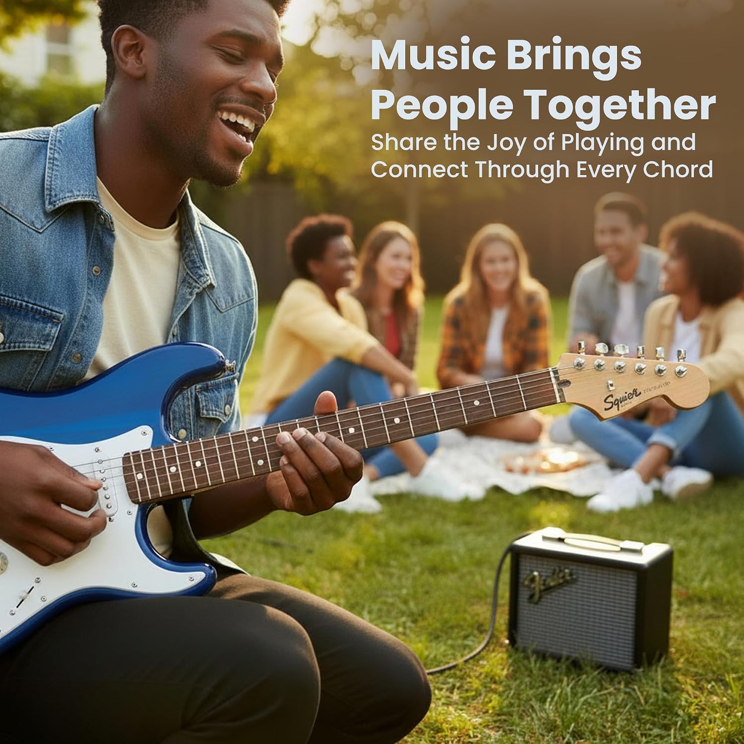 Fender Squier Sonic Stratocaster Pack - Sapphire Blue Transparent Bundle with Frontman 10G Amp, Gig Bag, Instrument Cable, Strap, Tuner, Picks, and Austin Bazaar Instructional DVD