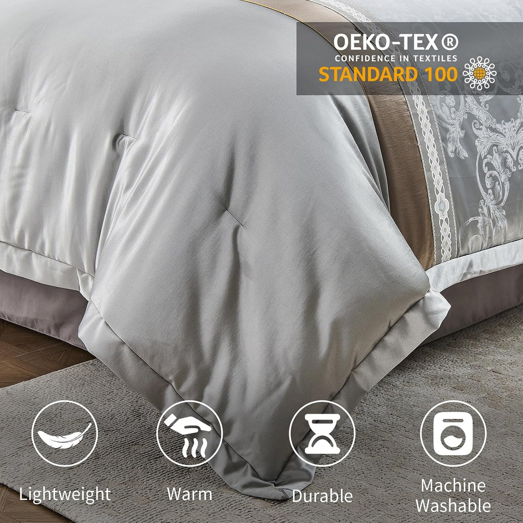 Bedduvit Luxurious Silky 7 Piece Queen Comforter Set - Soft Jaquard Floral Patchwork Design Comforters Queen Size, Silver Gray Down Alternative Bedding Set with Bed Skirt, Shams and Decorative Pillows