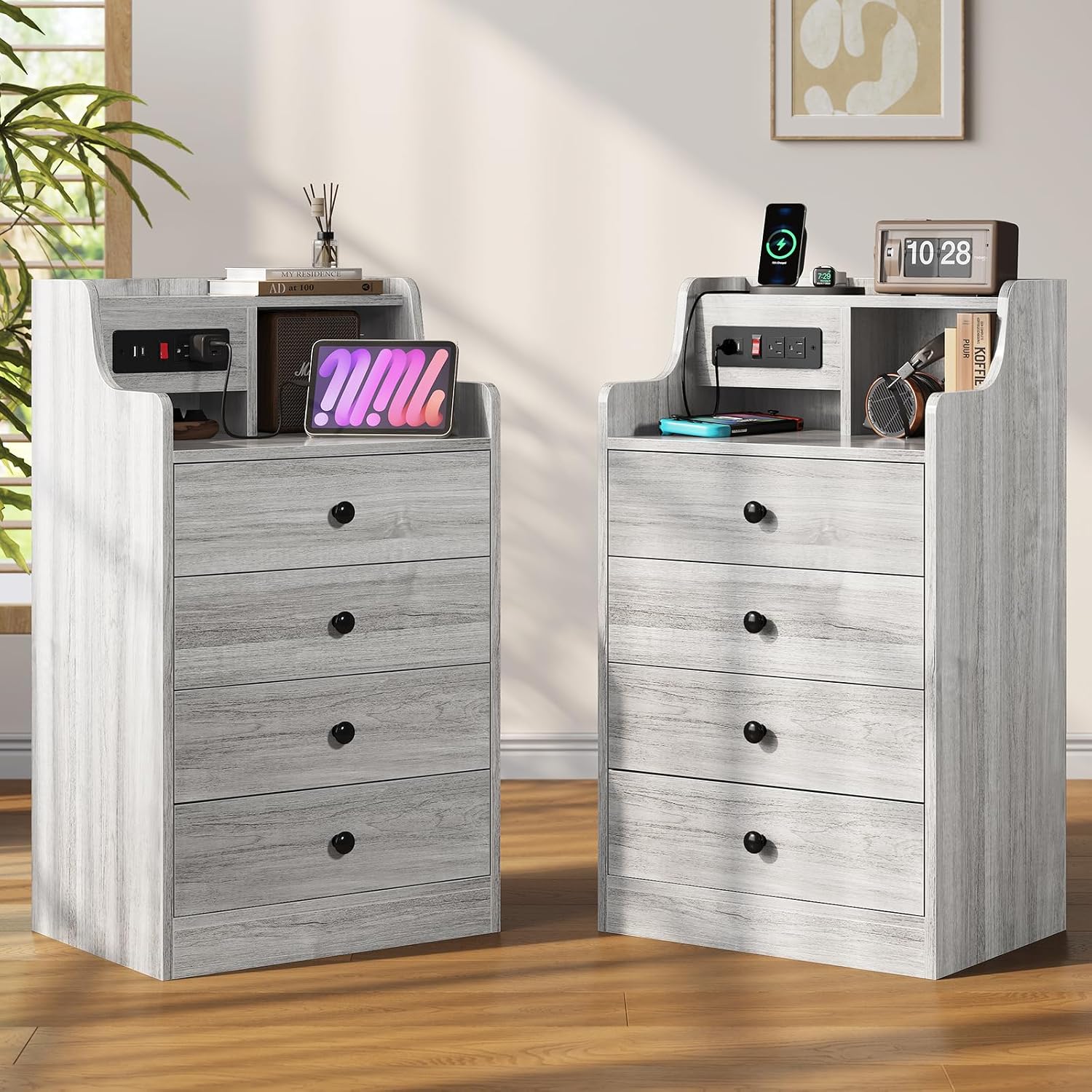 ADORNEVE Night Stand Set 2,Grey Nightstand with Charging Station & Hutch,Night Stands for Bedrooms Set of 2,Bedside Table with 4 Drawers