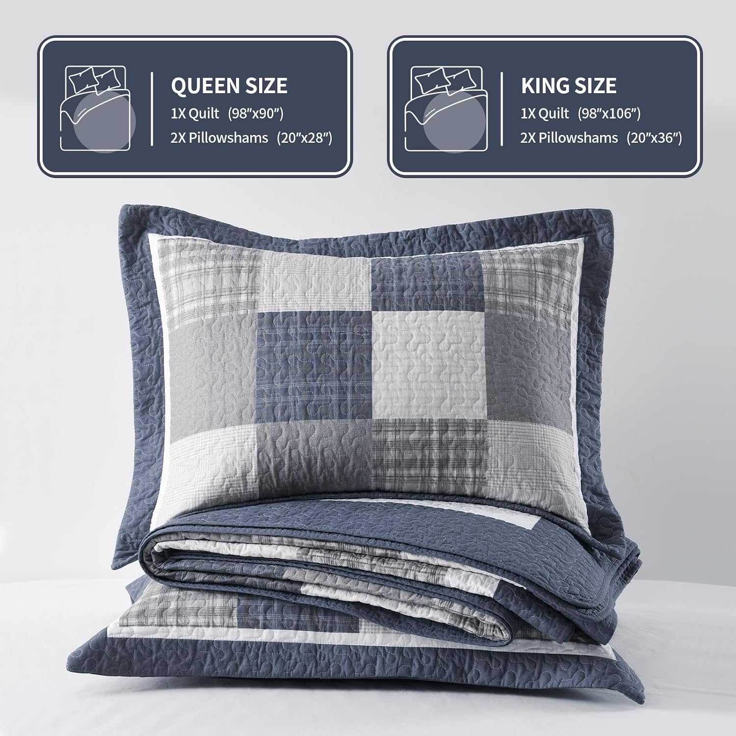 KALOOLA Farmhouse Quilt King Size - 100% Cotton Lightweight Quilted Bedding Set 3 Pcs, Cottage Printed Plaid Bedspread with 2 Pillow Shams, Reversible Bed Coverlet for All Season, Blue/Beige/White