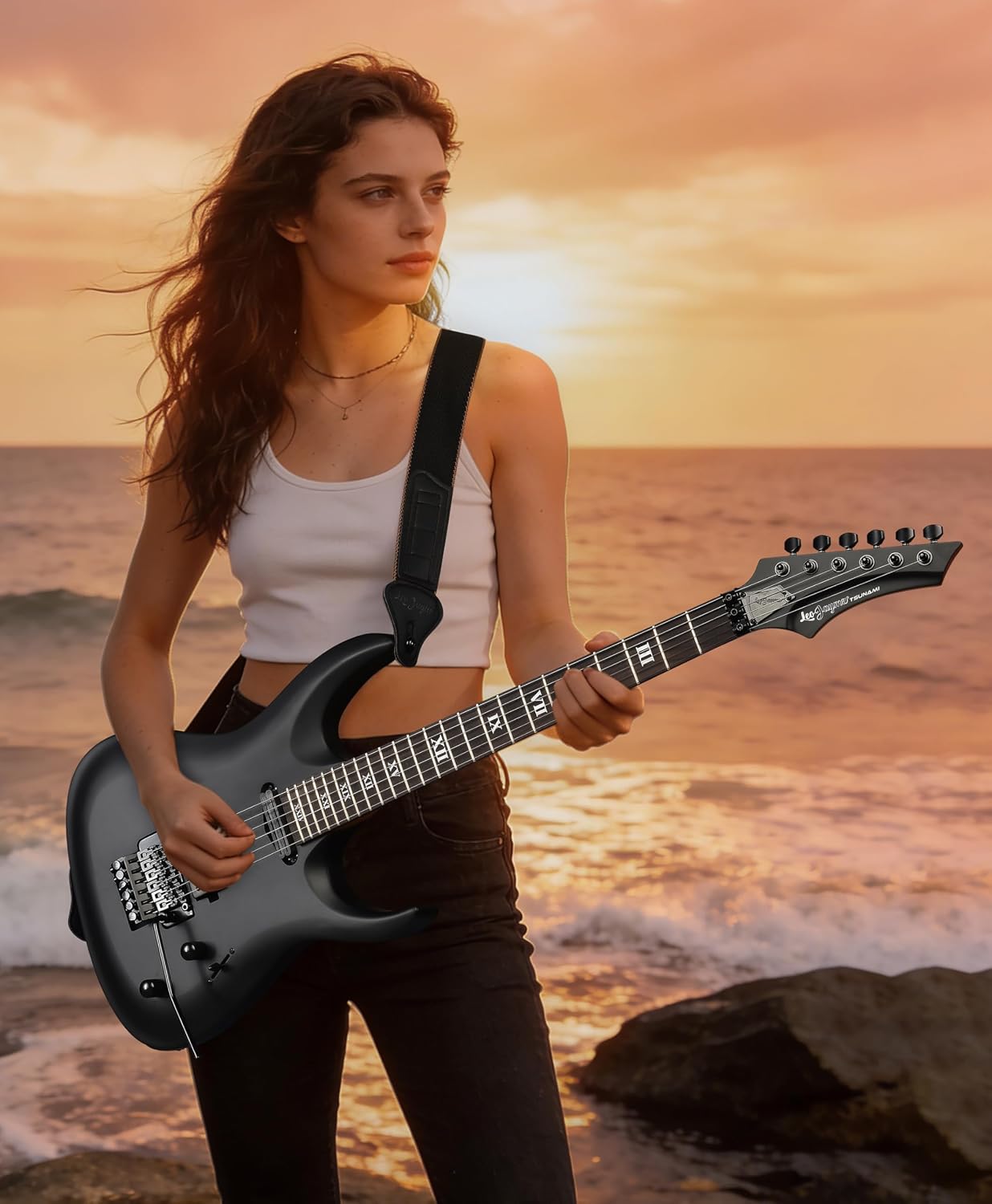 Leo Jaymz Tsunami Electric Guitar Mahogany Body & Roasted Maple Neck, HH Pickups with Rail, Double-Locking Tremolo, 24 Frets (Matte Black)