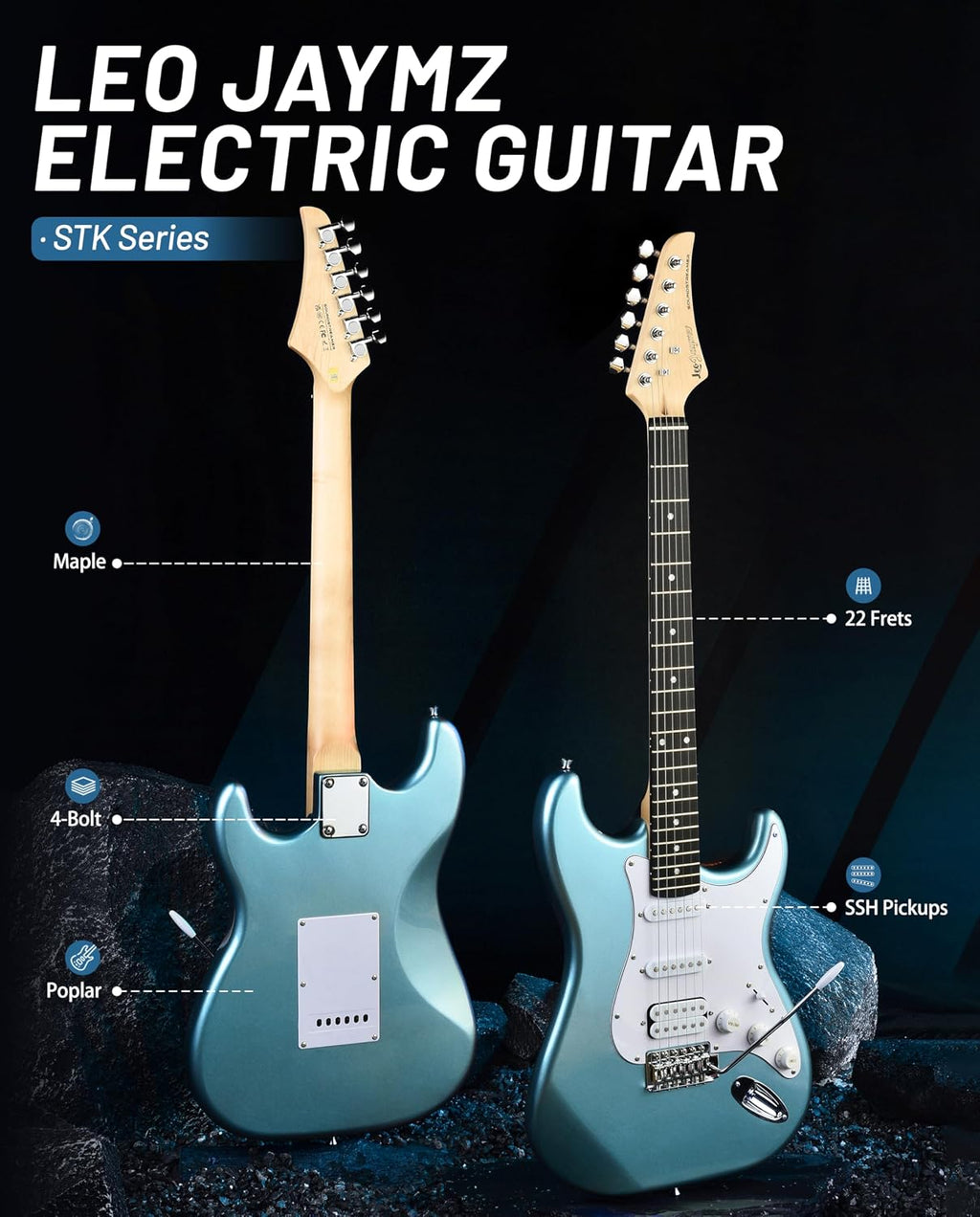 Leo Jaymz Beginner Electric Guitar 39' Kit with Portable Amplifier, Padded Gig Bag, Digital Tuner，Capo，Strap，Picks，HSS Pickups (Cyan-HSS)