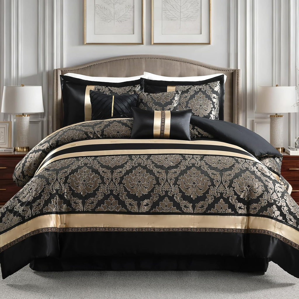 CozyDH Black and Gold Jacquard Comforter Set Queen - 7 Piece Luxury Damask Medallion Patchwork Bed in a Bag, All Season Down Alternative Bedding with Bed Skirt, Shams, Decorative Pillows, 90x90 in