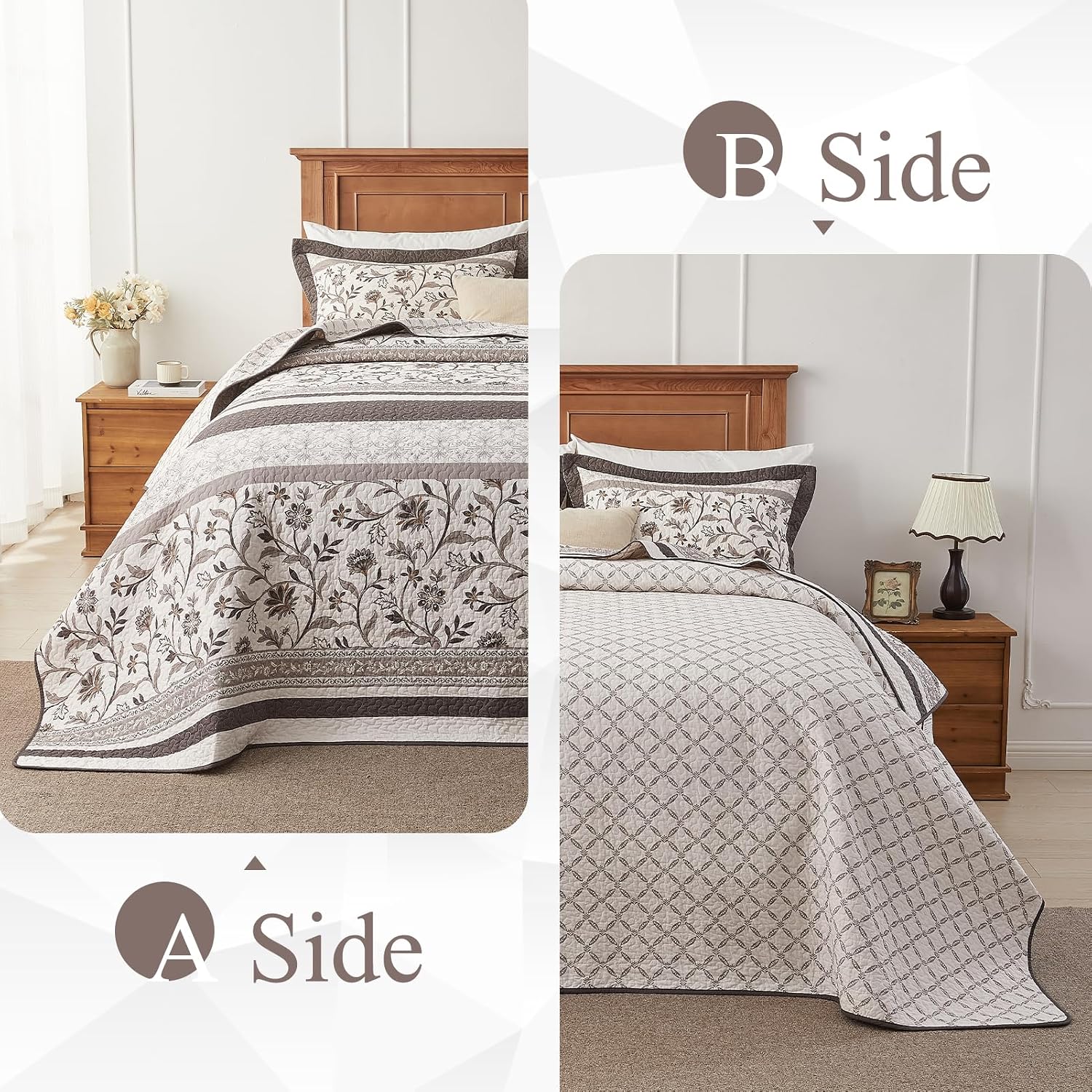 Farmhouse Oversized Bedspread Queen Size 102'x120' - 100% Cotton Lightweight Extra Large Quilt with 2 Pillowshams, Reversible Botanical Striped Pattern Bedding Coverlet, 3 Pcs, Brown/Coffee