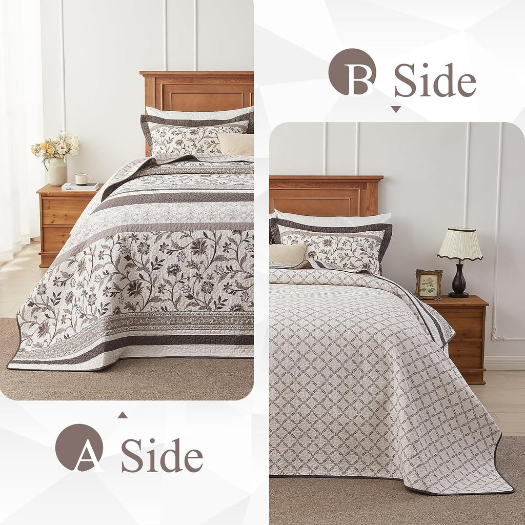 Farmhouse Bedspread King Size 120'x120' - 100% Cotton Lightweight Oversized King Quilt with 2 Pillowshams, Reversible Botanical Striped Pattern Quilted Bedding Coverlet, 3 Pcs, Brown/Coffee