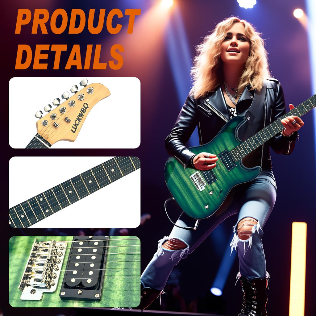 39' Full Size ST Style Electric Guitar Starter Kit with HH Pickup, 20W Portable Amp, Tuner, Gig Bag, Strap & Accessories(Green Flame)