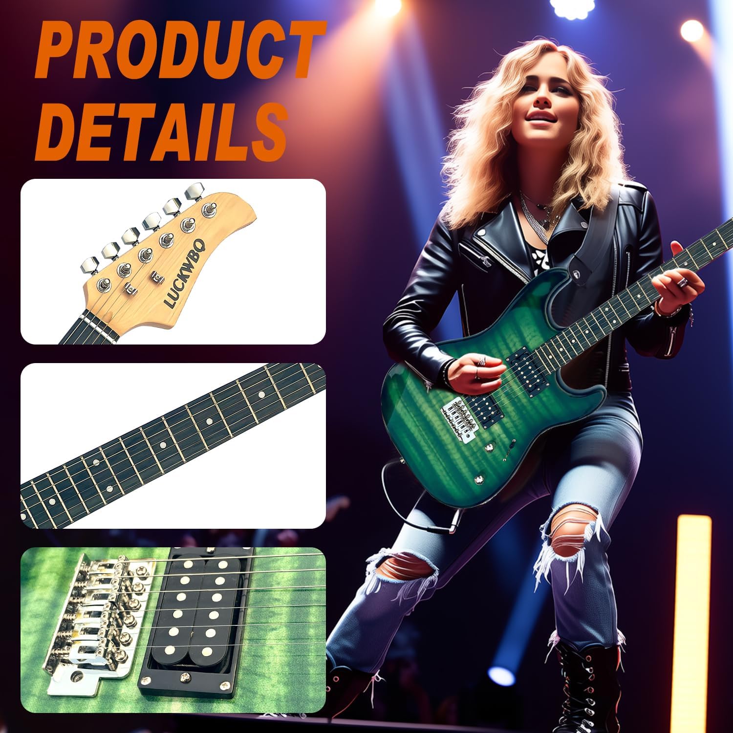 39' Full Size ST Style Electric Guitar Starter Kit with HH Pickup, 20W Portable Amp, Tuner, Gig Bag, Strap & Accessories(Green Flame)