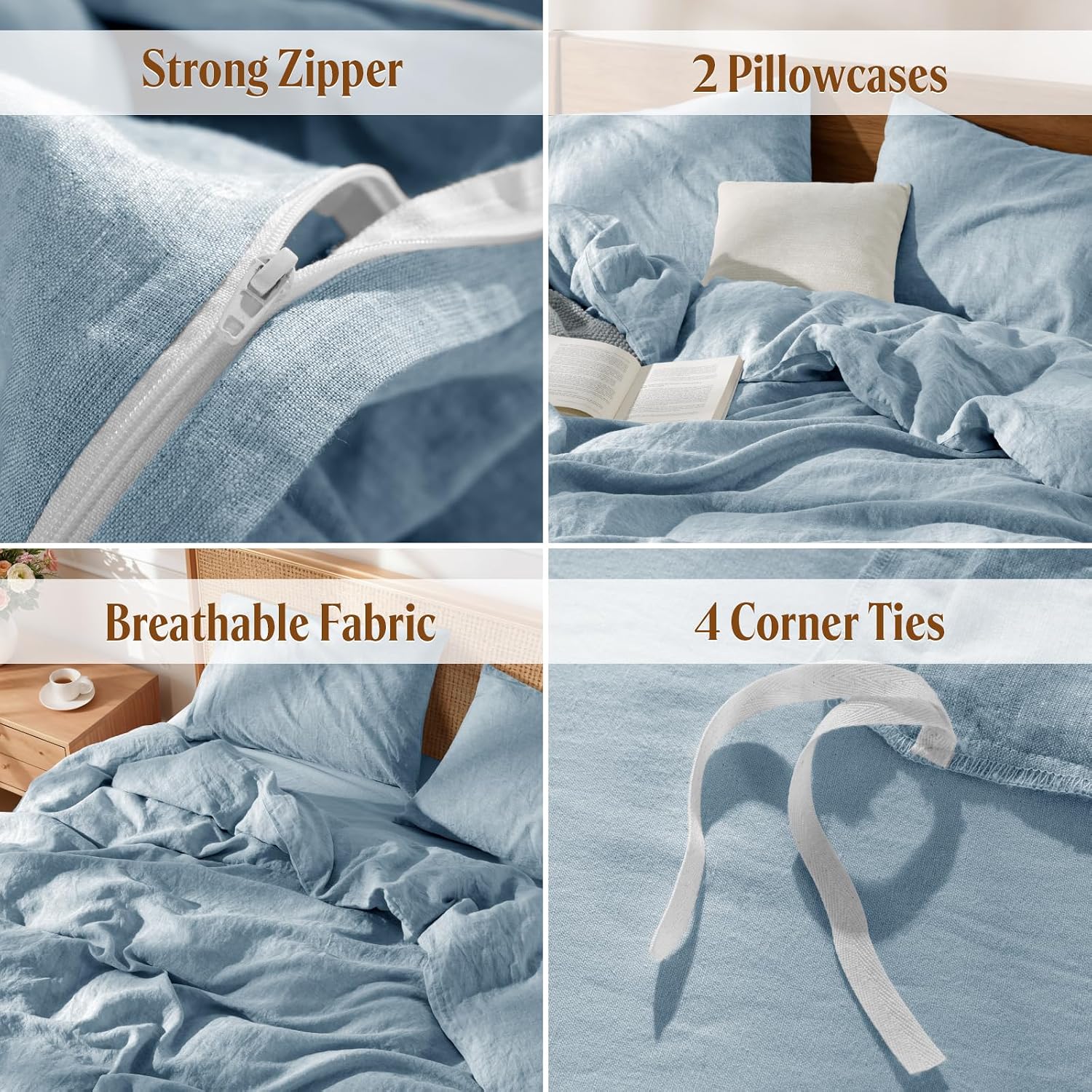 LBRO2M 100% France Linen Duvet Cover Set 3 Pcs Including 1 Flax Comforter Cover with Zipper Closure, 2 Pillowcase, Cozy Duvet Cover California King Size, Dusty Blue