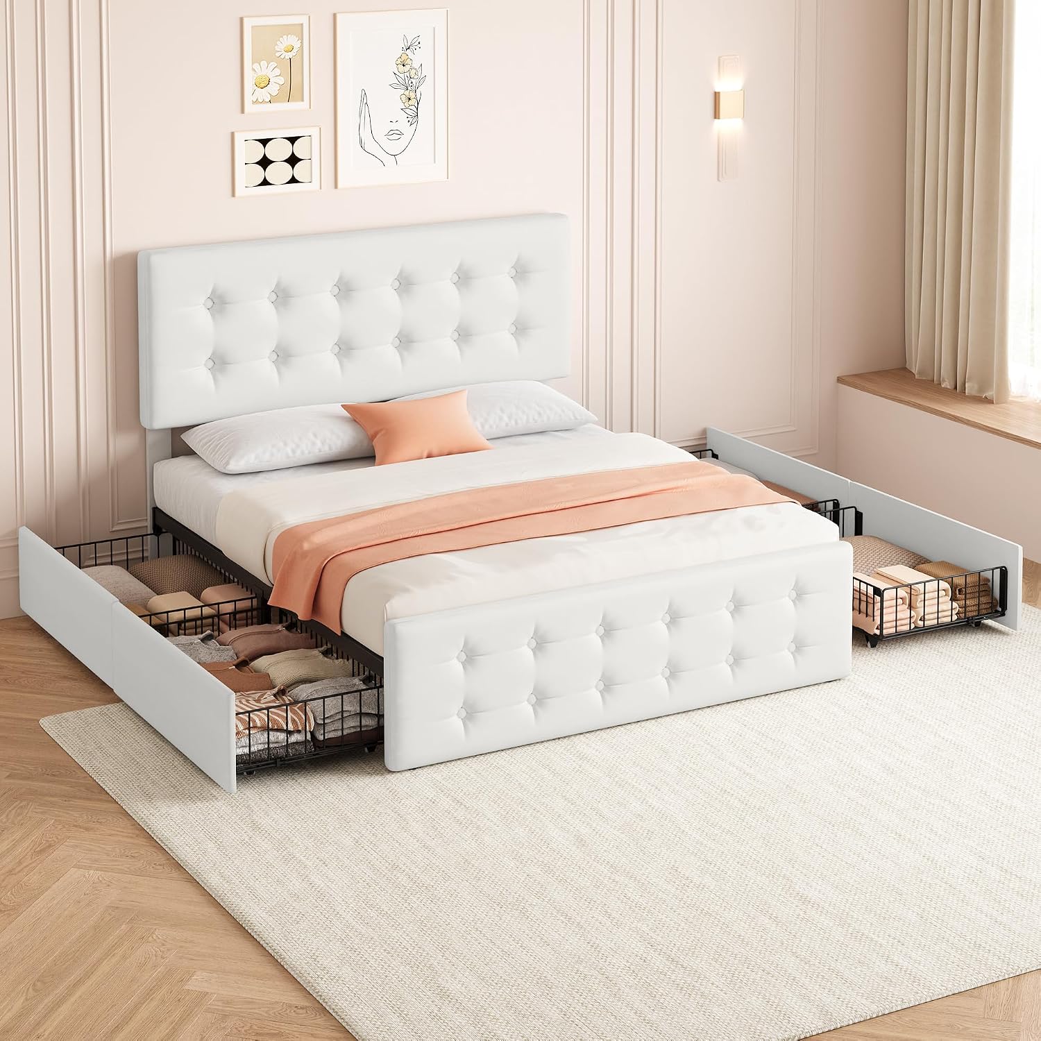 GAOMON Full Size Bed Frame with 4 Drawers and Adjustable Headboard, PU Leather Upholstered Platform Bed with Button Tufted Design, No Box Spring Needed, Strong Wooden Slats, Beige
