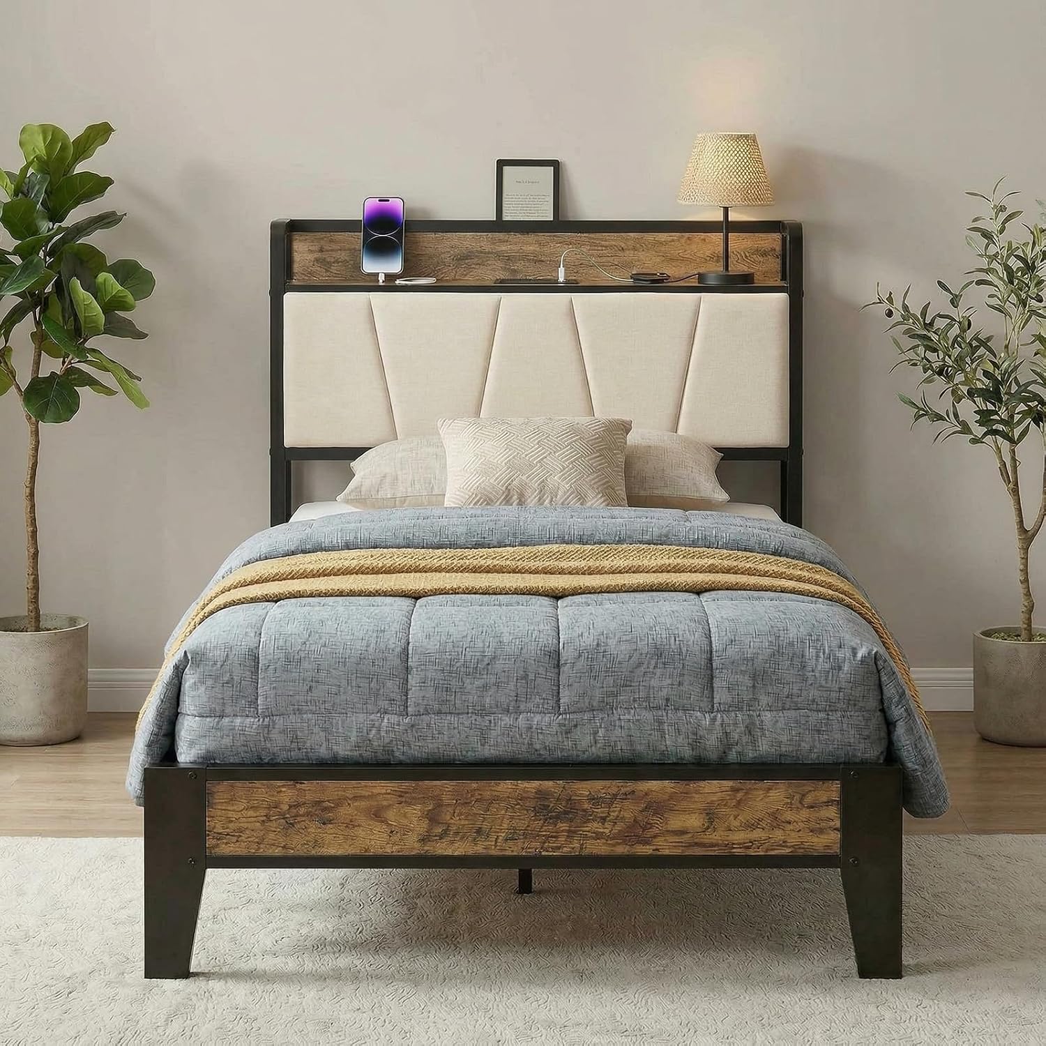 LIKIMIO Twin Bed Frames, Storage Headboard with Charging Station, Solid and Stable, Noise Free, No Box Spring Needed, Easy Assembly (Walnut and Beige)