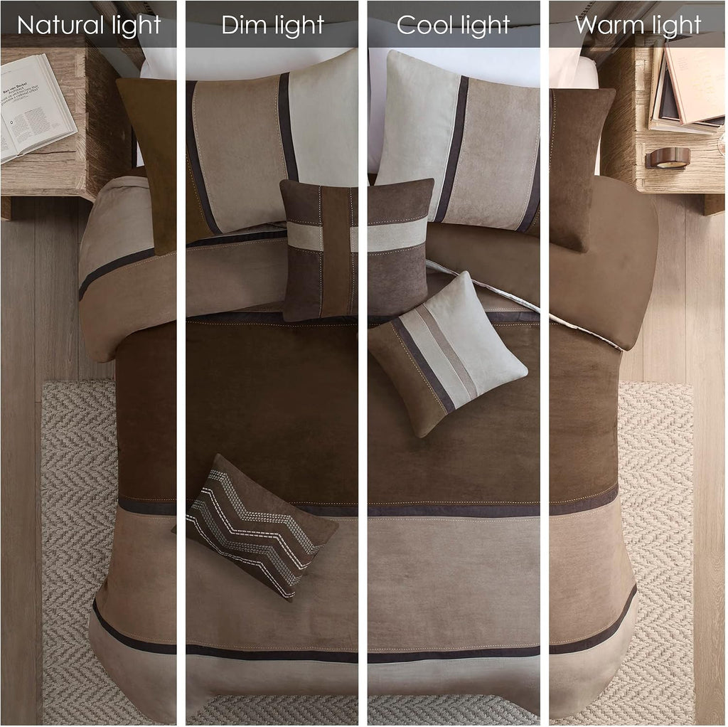 Madison Park Palisades Comforter Set Modern Faux Suede Pieced Stripe Design, All Season Down Alternative Cozy Bedding with Matching Shams, Decorative Pillows, Cal King(104'x92'), Brown 7 Piece