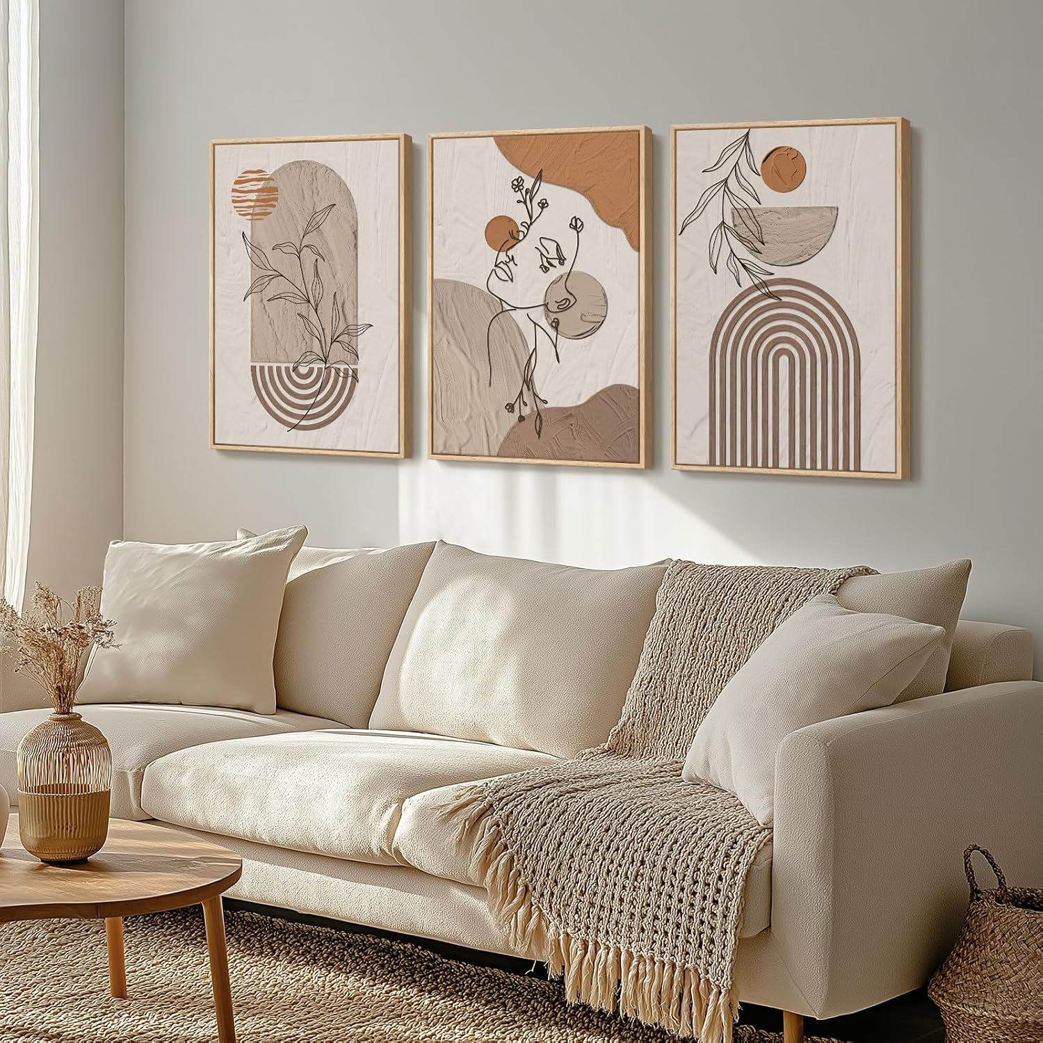 Large Framed Earth Tone Boho Abstract Wall Art for Living Room, 3 Piece Neutral Modern Paintings Prints Canvas Artwork for Walls, Bohemian Pictures Wall Decor for Bedroom Home Office, 20x30 Inch