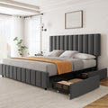 Garvee King Size Bed Frame with 4 Storage Drawers, Adjustable Height Headboard, Linen Upholstered Platform Bed Frame, No Box Spring Needed, Easy Assembly, Grey