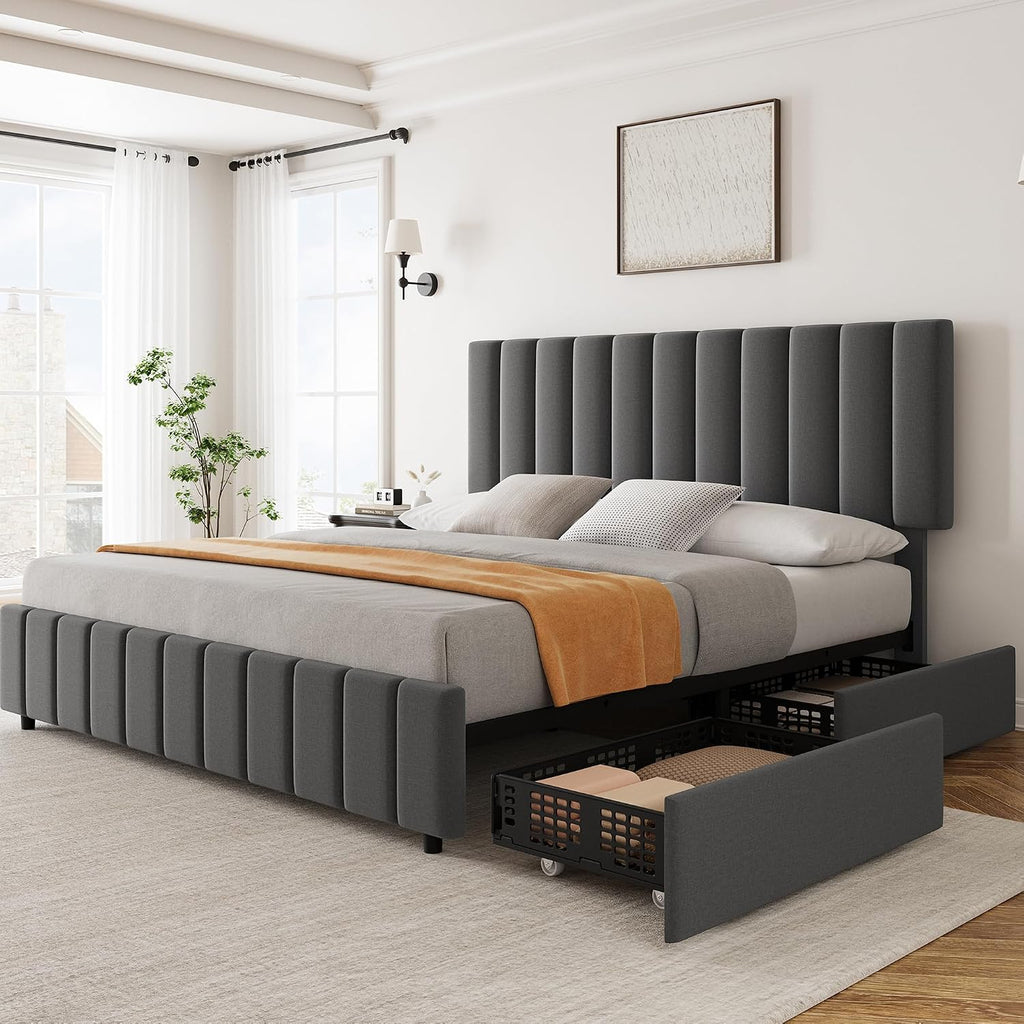 Garvee Full Size Bed Frame with 4 Storage Drawers, Adjustable Height Headboard, Linen Upholstered Platform Bed Frame, No Box Spring Needed, Easy Assembly, Grey