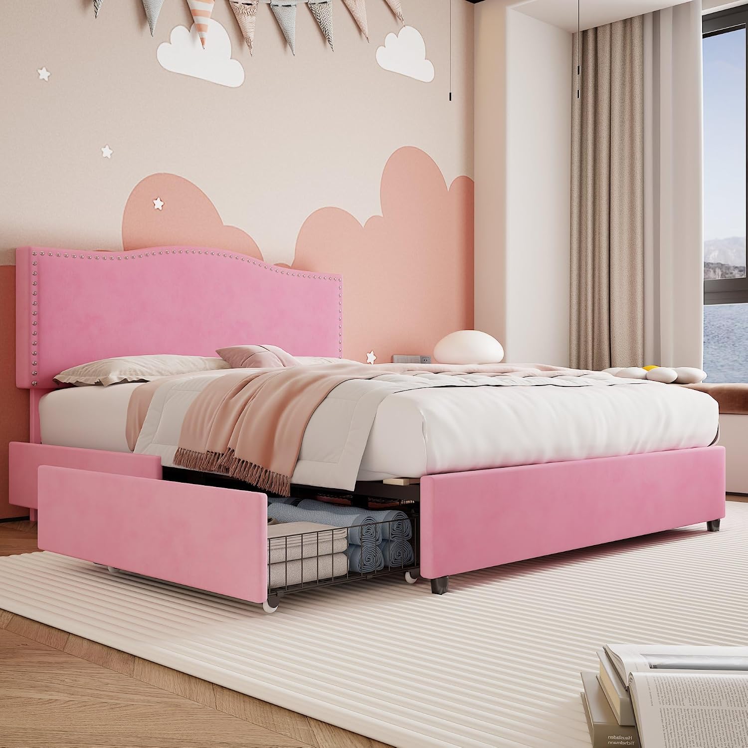 VECELO Full Bed Frame, Platform Bed Frame with 4 Underbed Storage Drawers & Adjustable Height Upholstered Headboard, Heavy-Duty Frame and Strong Wooden Slats Support, Noise-Free, Easy Assembly, Pink