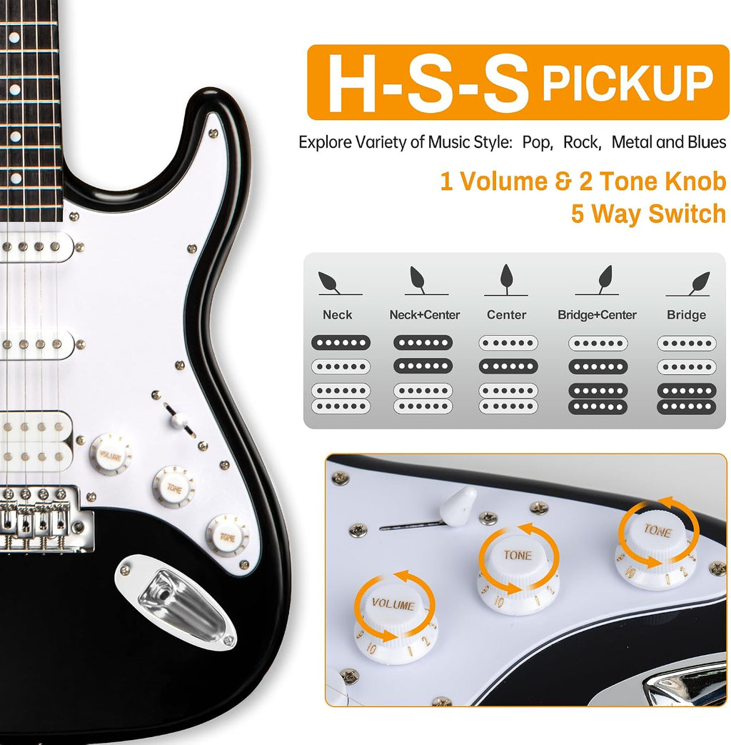 MOSEN Beginner Electric Guitar 39 inch Solid Body, HSS Pickup with Coil Split, Full Size Guitar Starter Set w/Amp, Gig Bag, Tuner, Capo, Cable, All Accessories,MS-SS60-Black