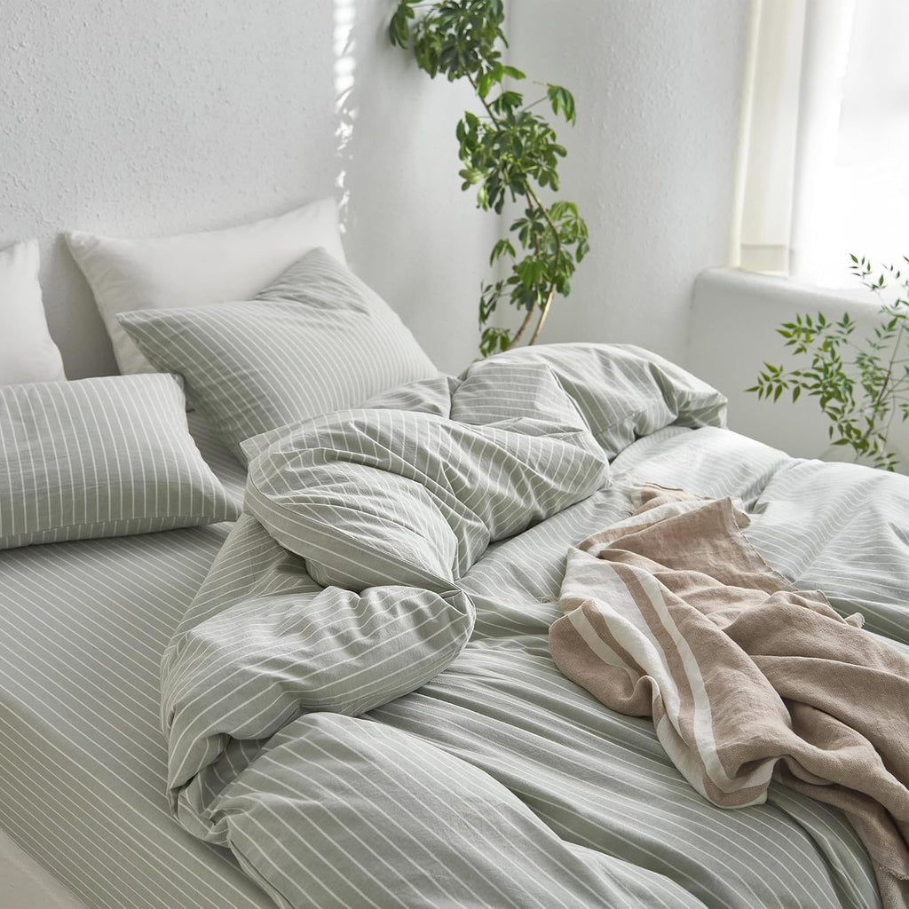 MooMee Striped Duvet Cover Set 100% Washed Cotton Linen Like Textured Breathable Durable Soft Comfy (Sage Green White Wide Stripes, Palatial King/Oversized King 120'x98')