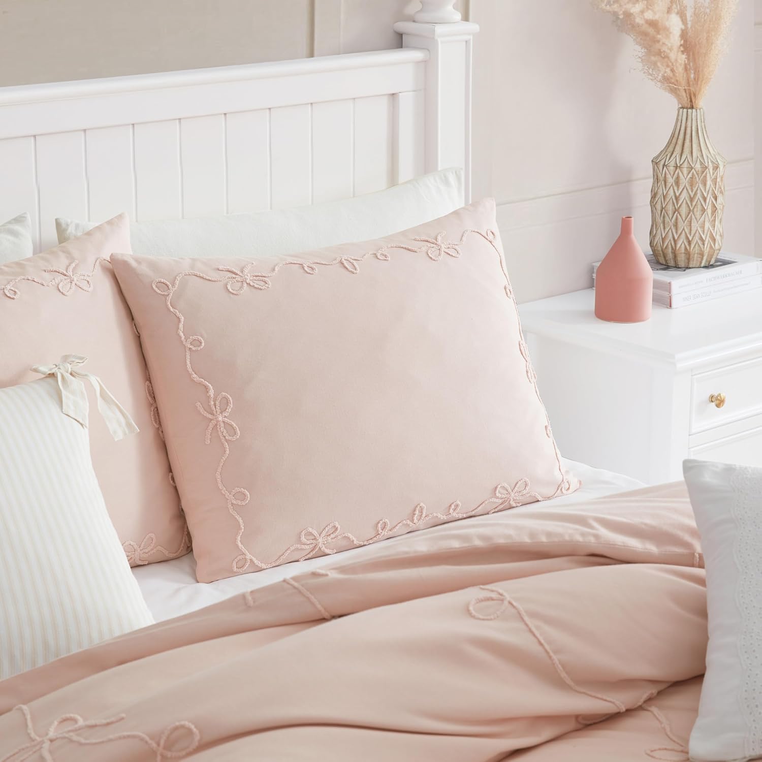Peri Home Bows Bedding Cottage Core 100% Cotton 3-Piece Comforter and Sham Set, King, Blush Sasha Bows