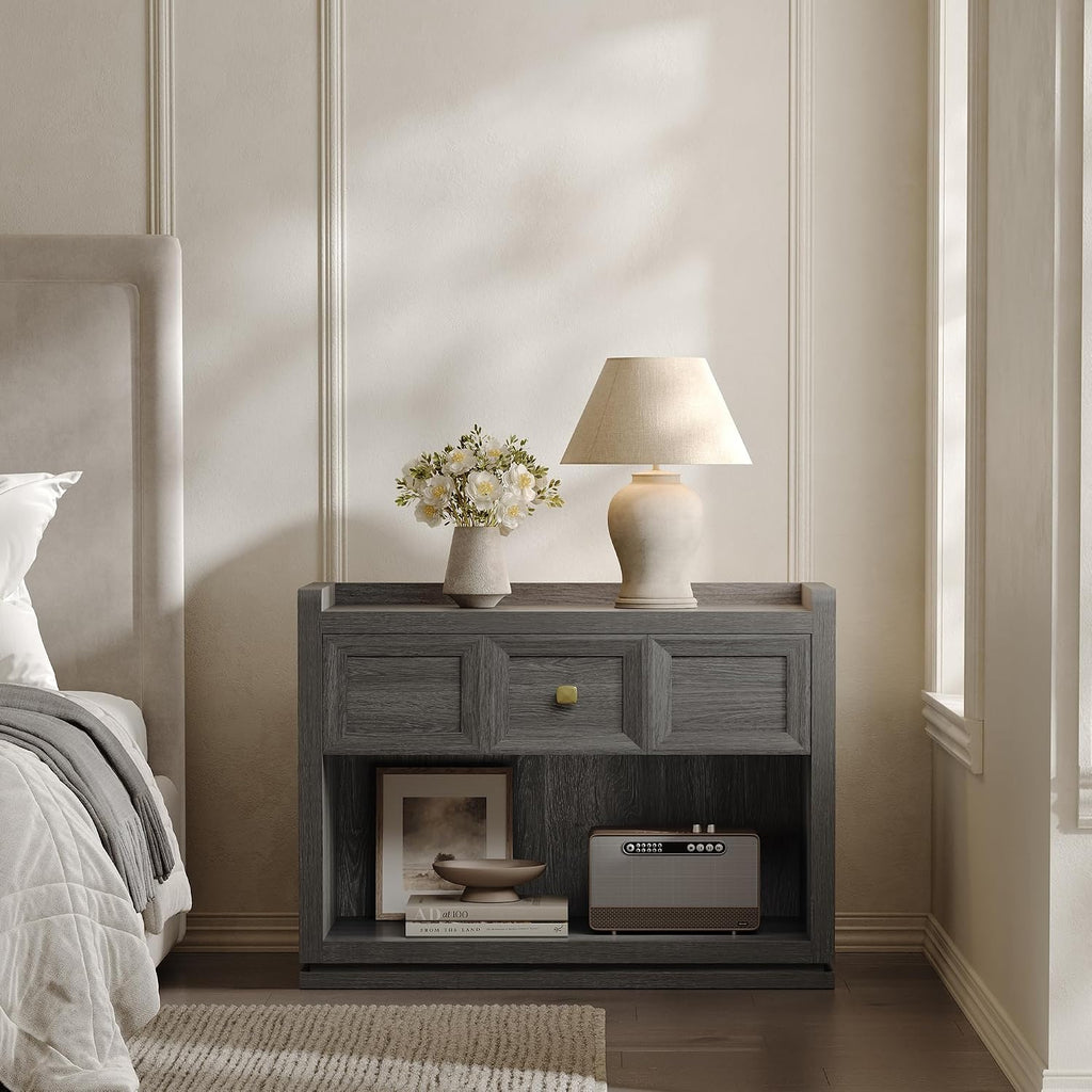 SICOTAS 31' Wide Nightstands Set of 2, Large Night Stands with Drawer, Oversized King Size Nightstand Bedside Table for Bedroom, Farmhouse End Side Table Set of 2 (Dark Grey Oak, 31-Inch)
