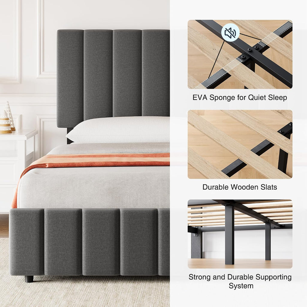Garvee King Size Bed Frame with 4 Storage Drawers, Adjustable Height Headboard, Linen Upholstered Platform Bed Frame, No Box Spring Needed, Easy Assembly, Grey