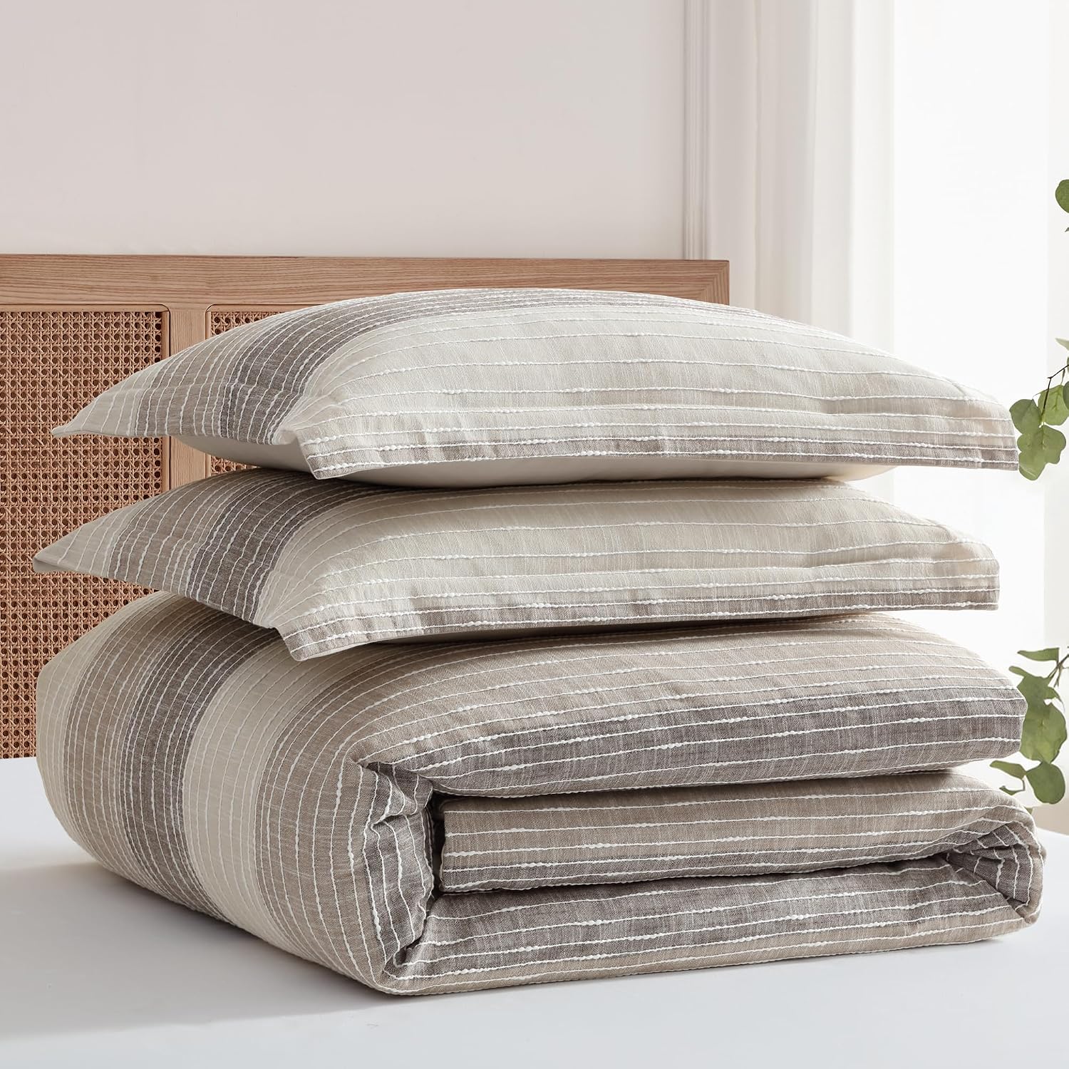 Levtex Home Sand Stripes Chocolate Full/Queen Comforter Set (90x94in) with 2 Pillowcases (26x20in) - Woven Jacquard Stripe - Brown, Tan, White - Cotton Full/Queen Size Comforter Set - Soft, Pre-Washed