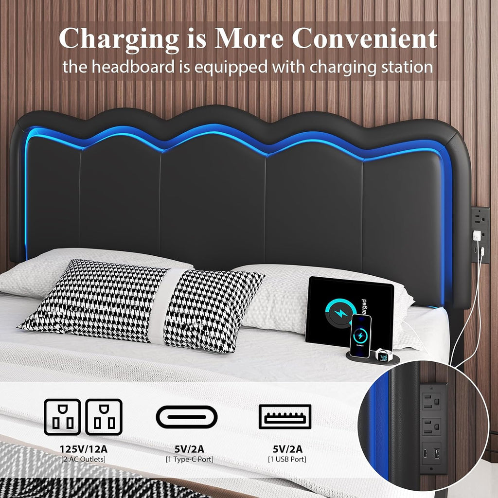 Queen Size Bed Frame with 4 Storage Drawers and LED Lights, Upholstered Platform Bed with Adjustable Chic Double Wavy Headboard, Charging Station, Metal Slats Support, No Box Spring Needed, Black