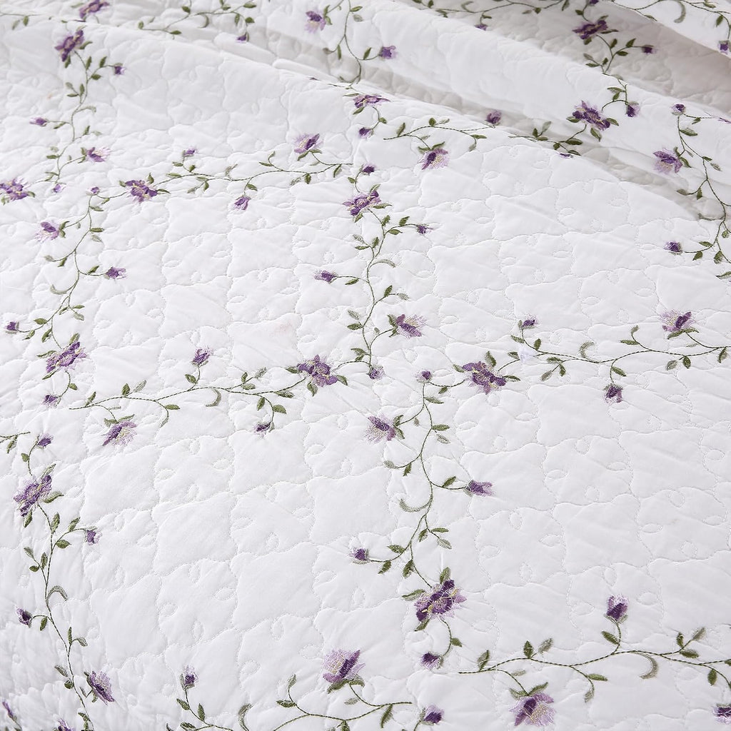 Quilt Set Purple Floral 3D Embroidery Pattern 3 PCS 100% Cotton Reversible Quilted Embroidered Decorative Bedspreads Coverlet Set, Lightweight &Soft Full Size White Bedding Coverlet for All Season