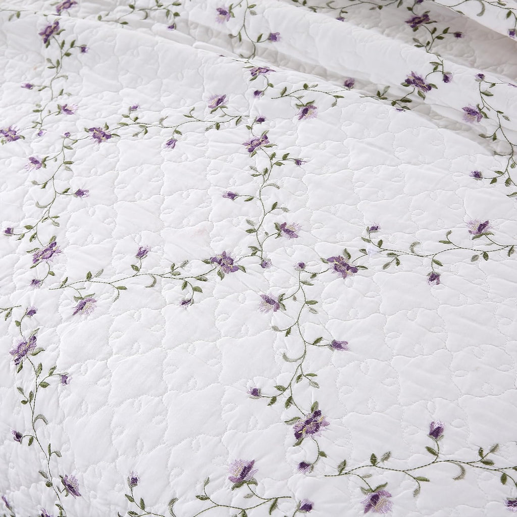 Quilt Set Purple Floral 3D Embroidery Pattern 3 PCS 100% Cotton Reversible Quilted Embroidered Decorative Bedspreads Coverlet Set, Lightweight &Soft King Size White Bedding Coverlet for All Season