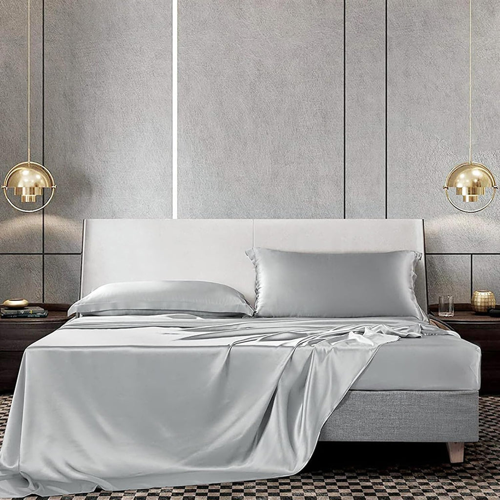 Silk Sheet Set - 100% Mulberry Silk, 19 Momme, Deep Pockets, Ultra Soft Luxury Bedding (Gray, King)