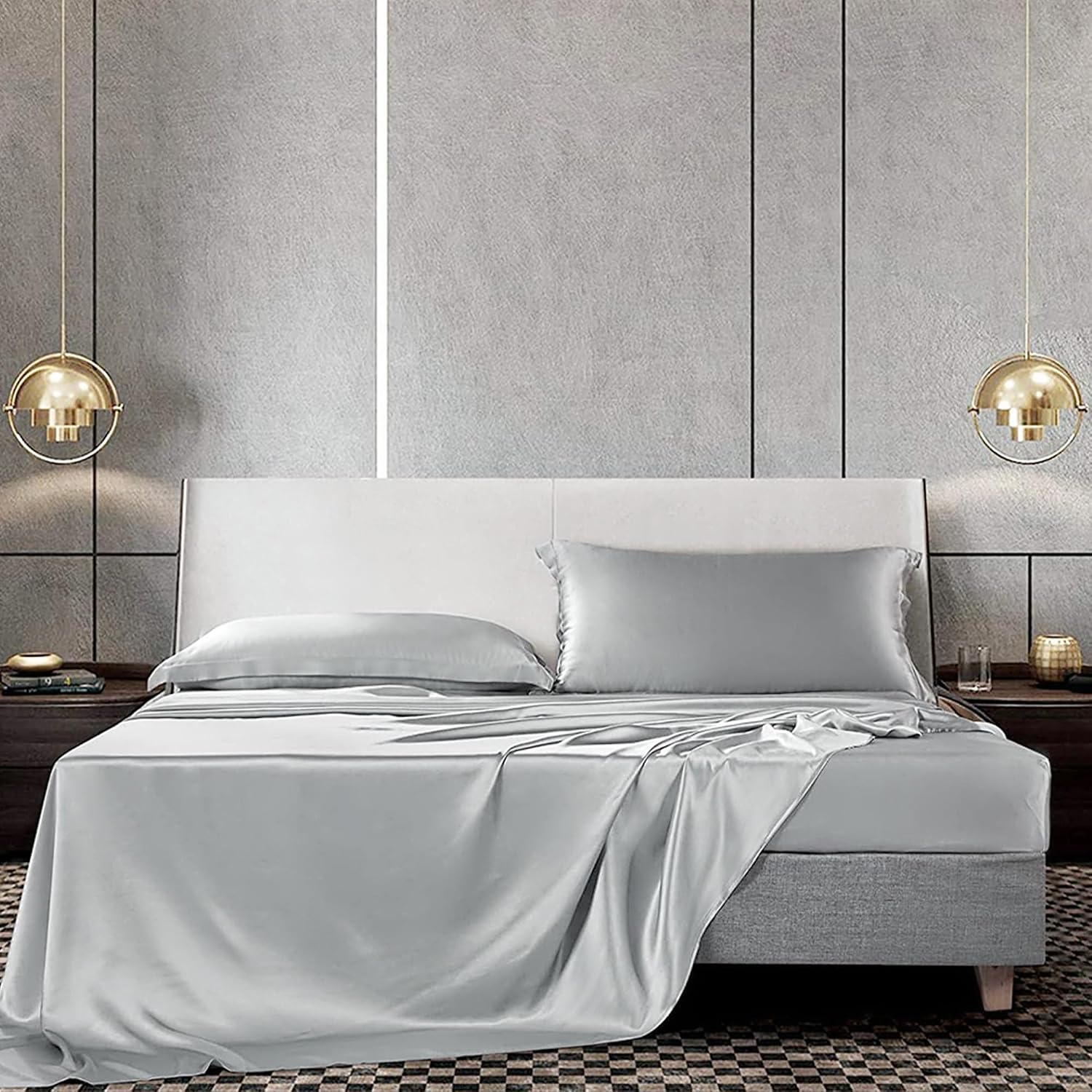 Silk Sheet Set - 100% Mulberry Silk, 19 Momme, Deep Pockets, Ultra Soft Luxury Bedding (Gray, King)