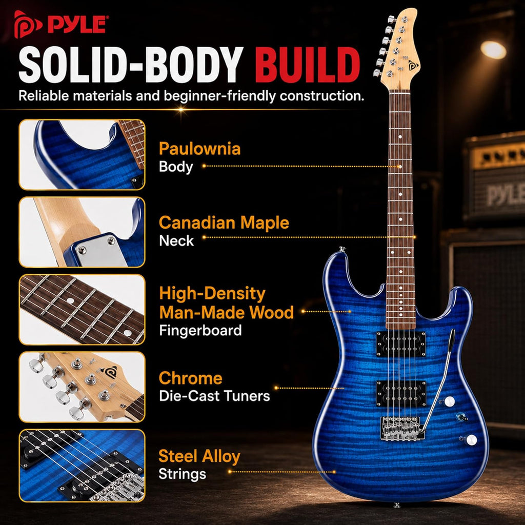 Pyle Electric Guitar Kit with Amp, Full Size Instrument with Humbucker Pickups, Guitarra Electrica Amplifier and Beginner Bundle Accessories, 39' Blue