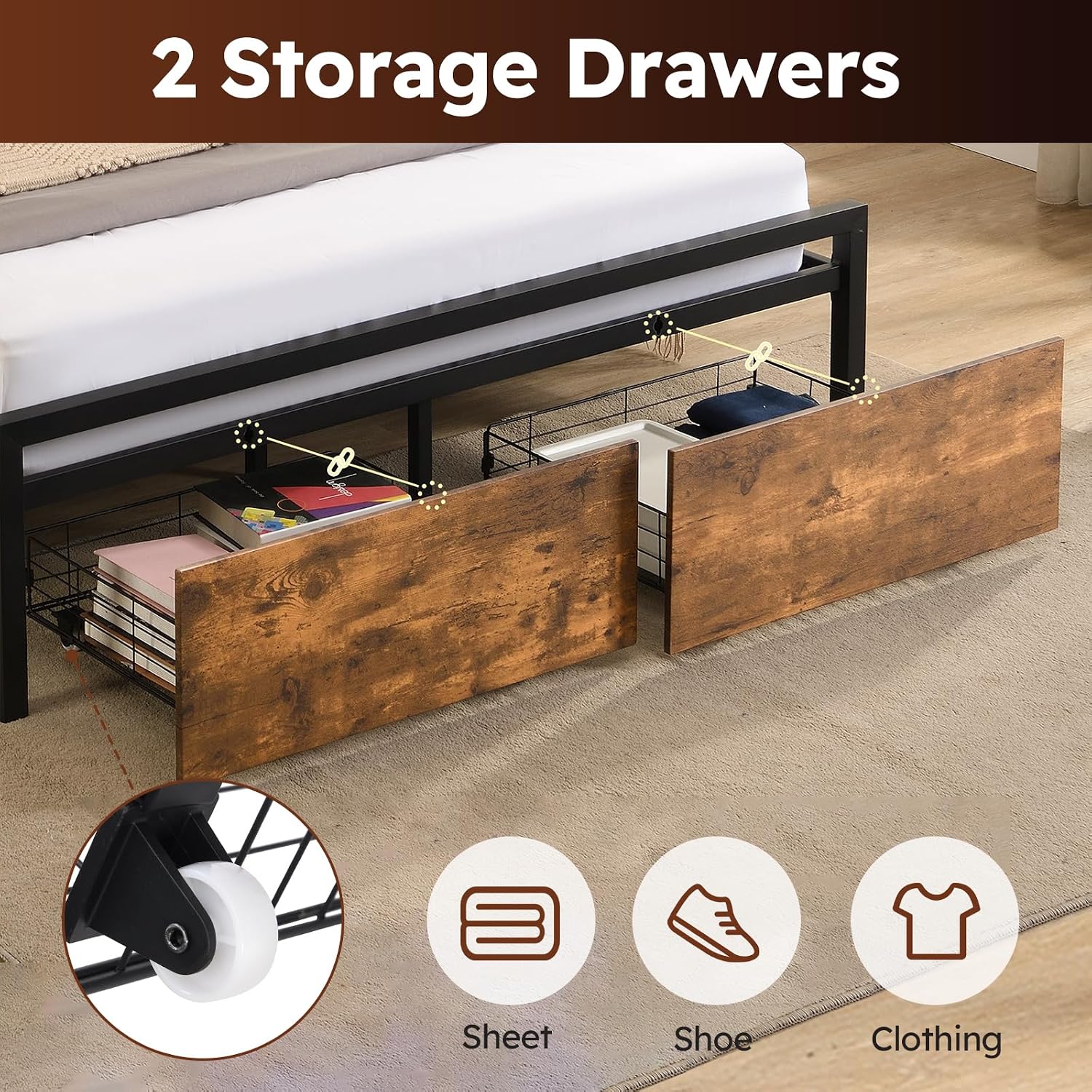 Kiivakii Full Size Bed Frame with 2 Drawers, LED Heavy Duty Platform Bed with Headboard Storage, Built in USB Ports, Noise-Free No Box Spring Needed, Rustic Brown