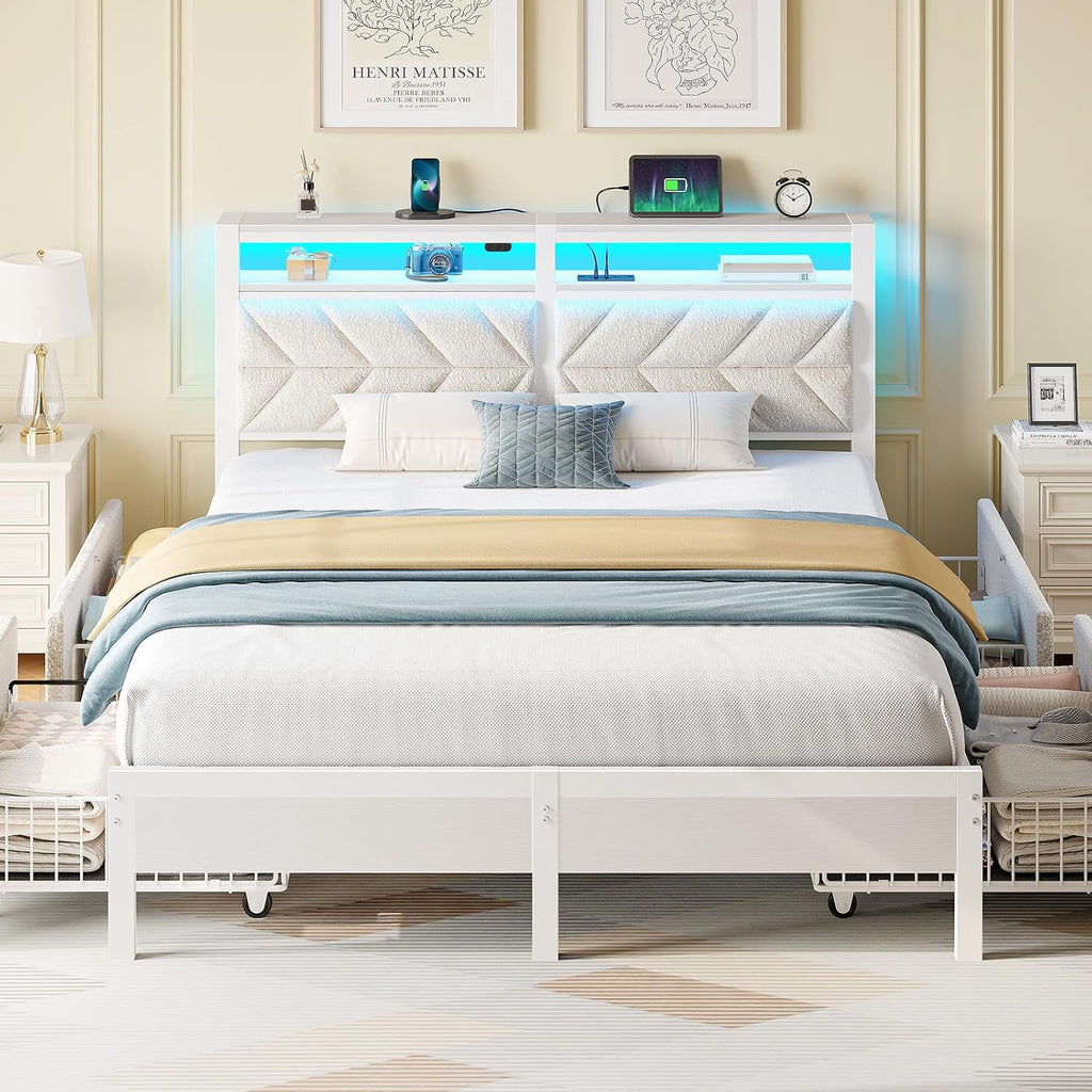 Seventable Full Size Bed Frame with 4 Storage Drawers, Charging Station & LED Lights, Upholstered Headboard with 2-Tier Shelves, Metal Platform Bed, No Box Spring Needed, Noise-Free, White