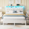 Seventable Full Size Bed Frame with 4 Storage Drawers, Charging Station & LED Lights, Upholstered Headboard with 2-Tier Shelves, Metal Platform Bed, No Box Spring Needed, Noise-Free, White