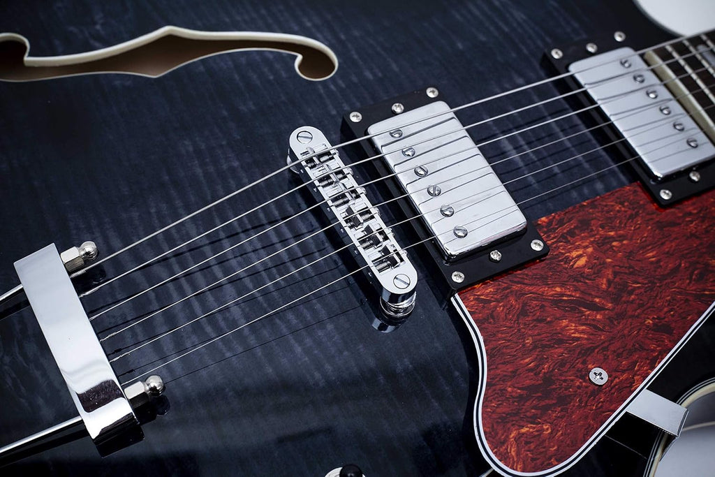 GROTE Jazz Electric Guitar Semi-Hollow Body Trapeze Tailpiece Bridge Guitar Gig Bag (Black)