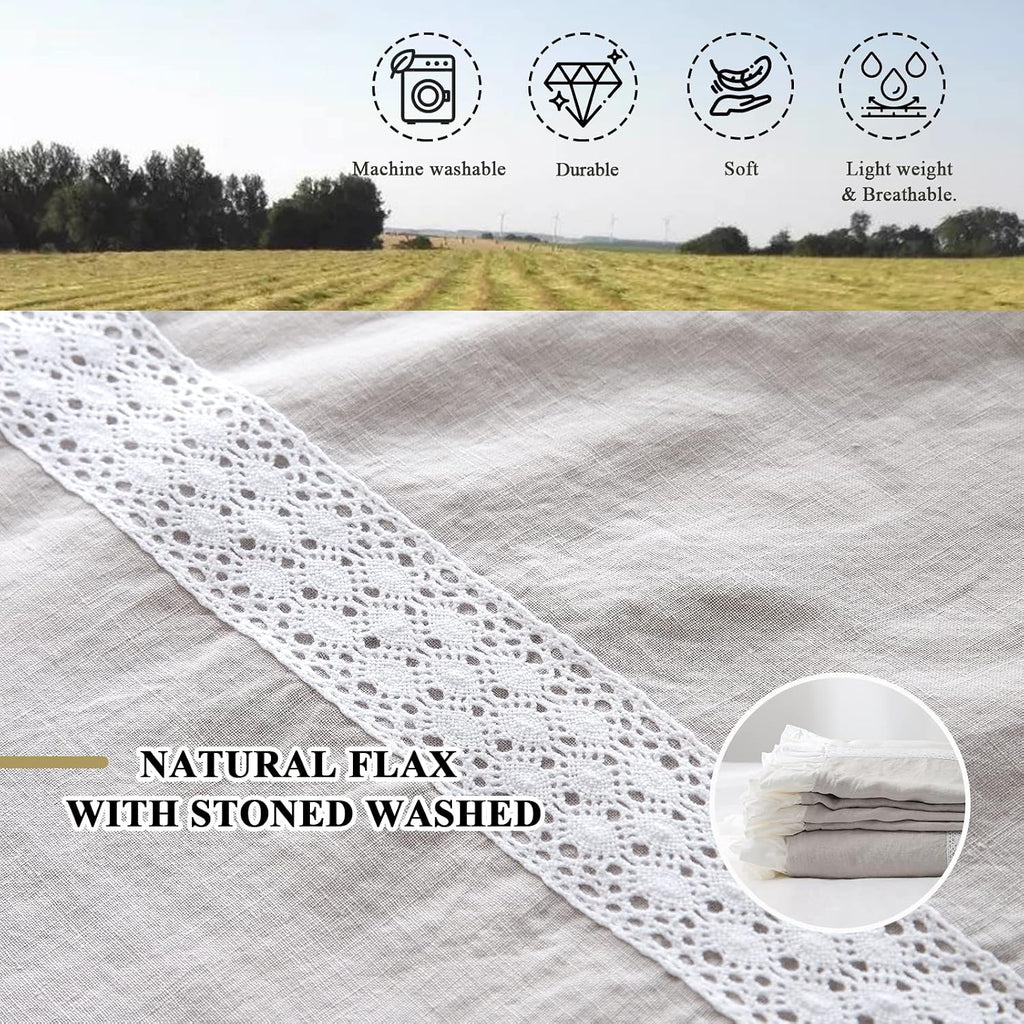 Simple&Opulence 100% Linen Duvet Cover Set (104'x92') Floral Flax King Size, Shabby Chic Ruffle Edge Lace Insert Decoration, 3 Pcs Farmhouse Bedding-1 Comforter Cover 2 Pillow Shams, Floral Grey