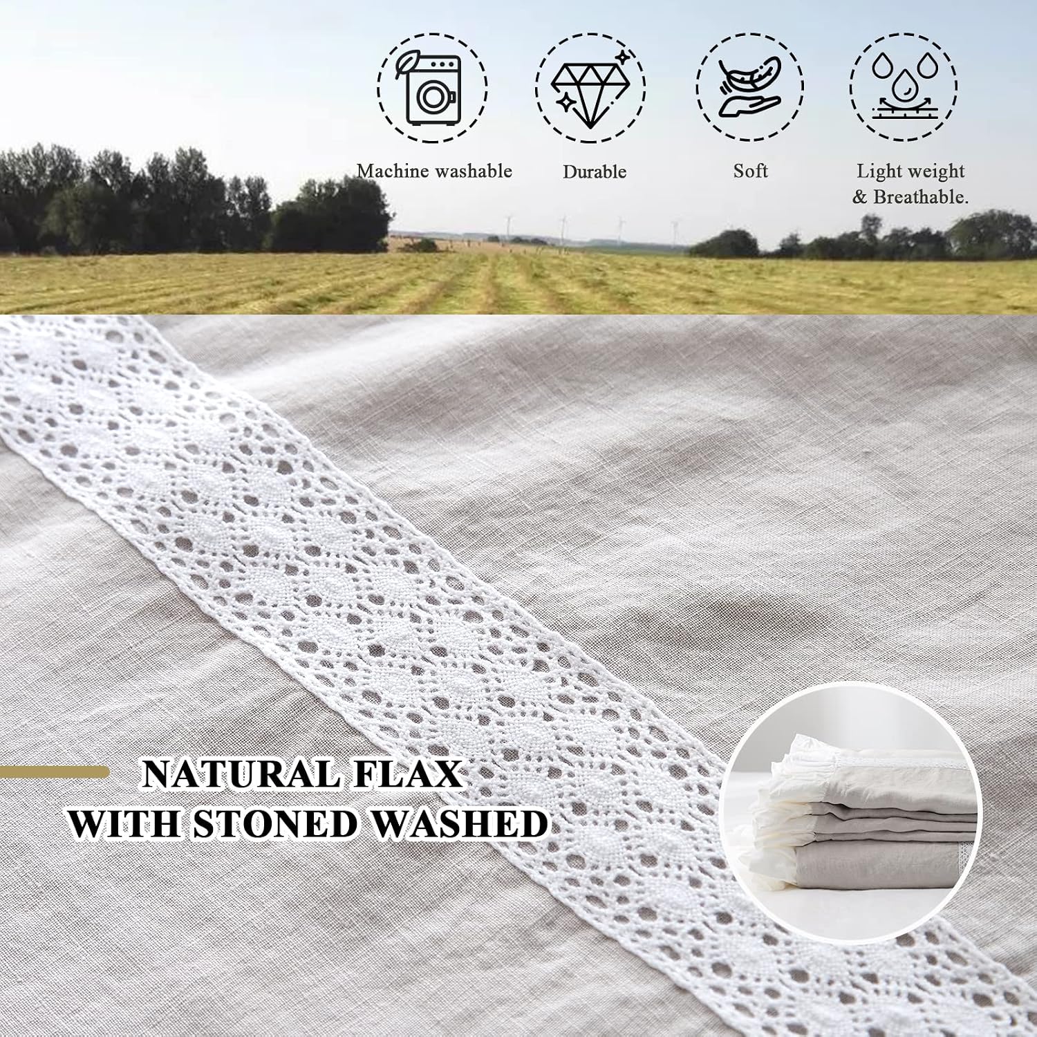 Simple&Opulence 100% Linen Duvet Cover Set (104'x92') Floral Flax King Size, Shabby Chic Ruffle Edge Lace Insert Decoration, 3 Pcs Farmhouse Bedding-1 Comforter Cover 2 Pillow Shams, Floral Grey
