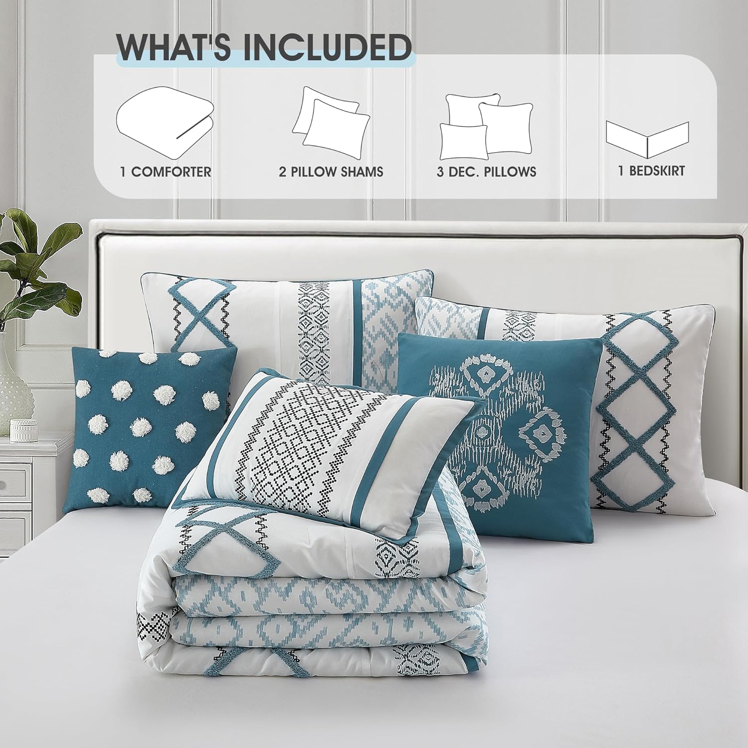 LANCO MODERN LIFESTYLE Blue California King Comforter Set, 7 Pieces All Season Bedding Sets in a Bag with Geometric Terry Embroidered Comforter, Bed Skirt, Pillow Shams and Decorative Pillows