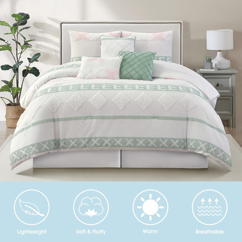 LANCO MODERN LIFESTYLE 7 Piece White Green Comforter Set, Queen, Boho Home Decor, Geometric Clip Pattern Bedding Set for All Seasons, Bed in a Bag, Bedskirt, Shams and Decorative Pillows
