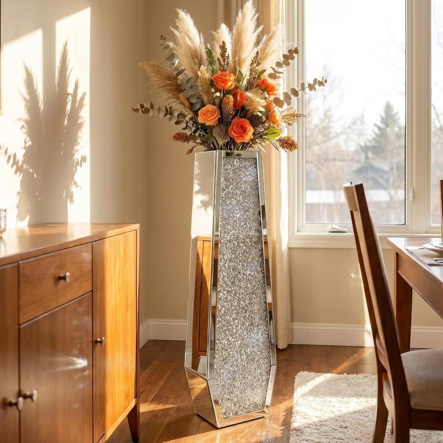 36' Extra Tall Double Sided Crushed Diamond Vases,Six Sided Three-Dimensional Diamond Vase,Extra Large Mirrored Silver Crystal Vase for Home,Office,Hotel(10.6' Lx5.37 W x 36' H)