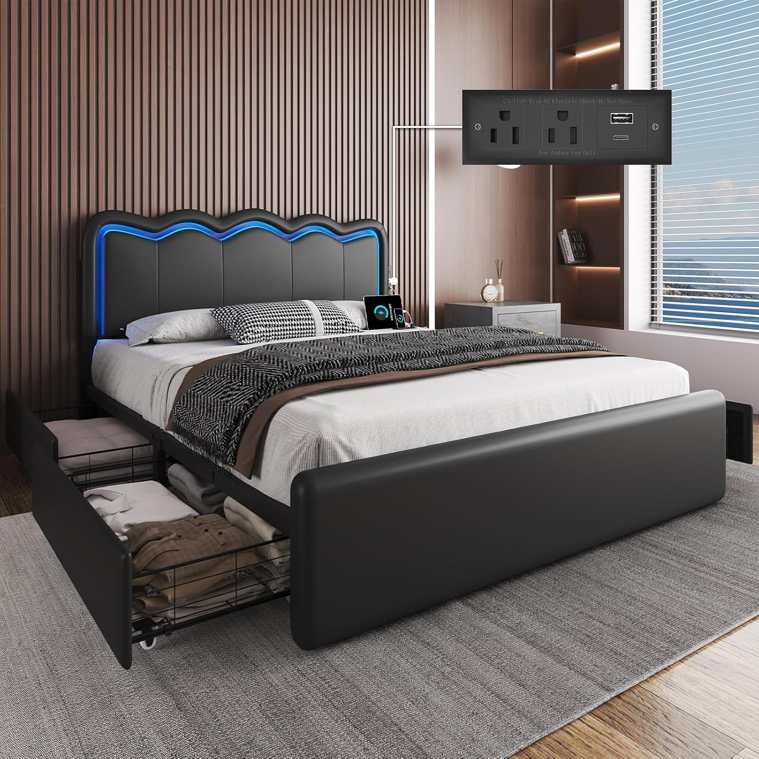 Queen Size Bed Frame with 4 Storage Drawers and LED Lights, Upholstered Platform Bed with Adjustable Chic Double Wavy Headboard, Charging Station, Metal Slats Support, No Box Spring Needed, Black